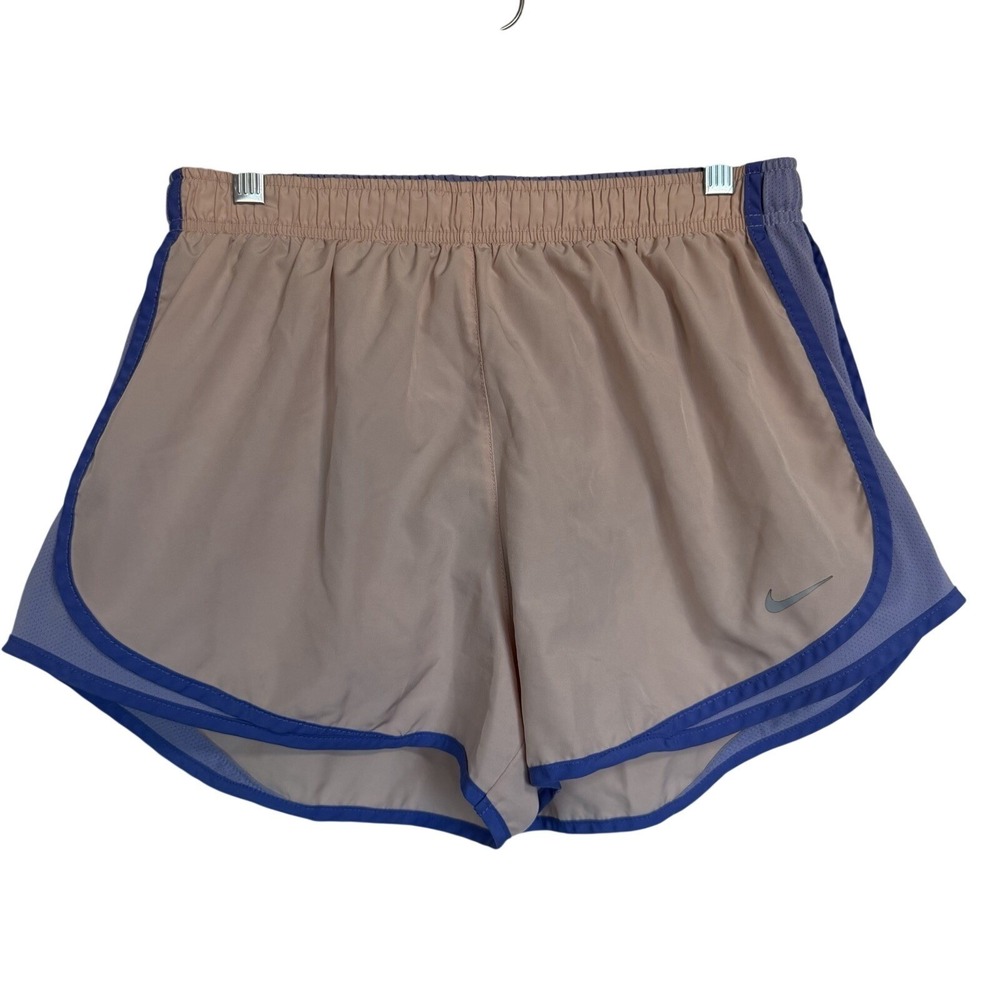 Nike Dri-FIT Tempo Womens Running Shorts Tan Purple Trim Size L 3 Inch Inseam